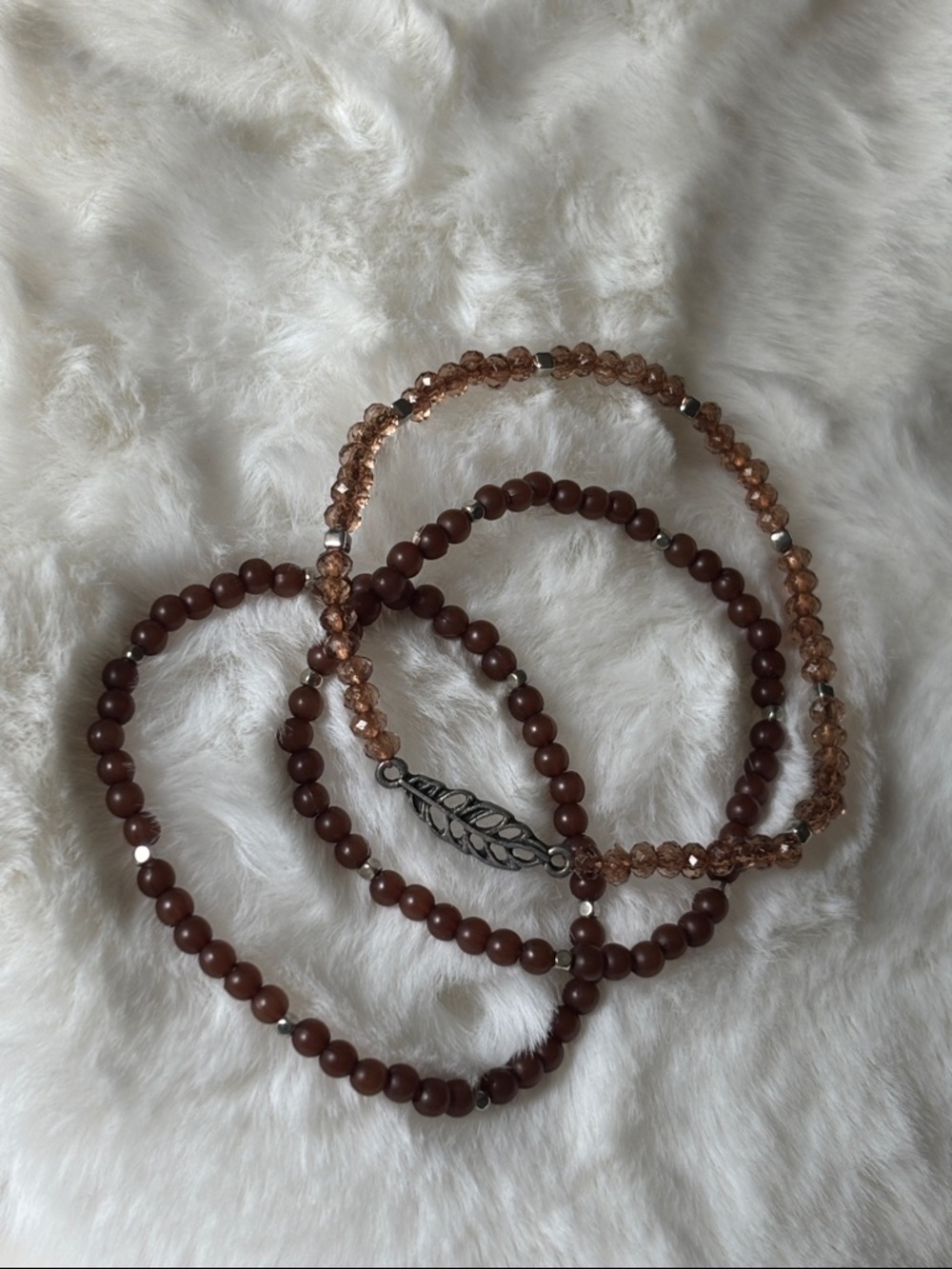 Feather charm and Brown Beaded Stretch Bracelet Set